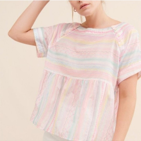Anthropologie Letty Striped Embroidered Babydoll Top - Picture 1 of 13